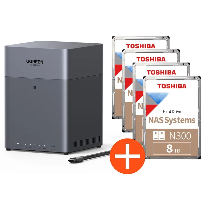 UGREEN NASync DH4300 Plus NAS System 4-Bay EU 32TB inkl. 4x Toshiba NAS HDD N300 – 8TB