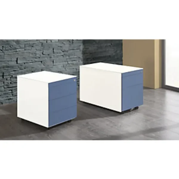 Schubladencontainer mit Rollen, 570x600mm, Stahlplatte, 3xSchublade, weiß/blau – Bild 3