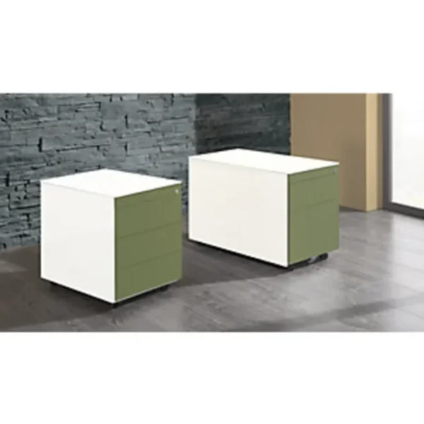 Schubladencontainer, Rollen, 570x600mm, Stahlplatte, 3xSchublade, weiß/grün/weiß – Bild 3